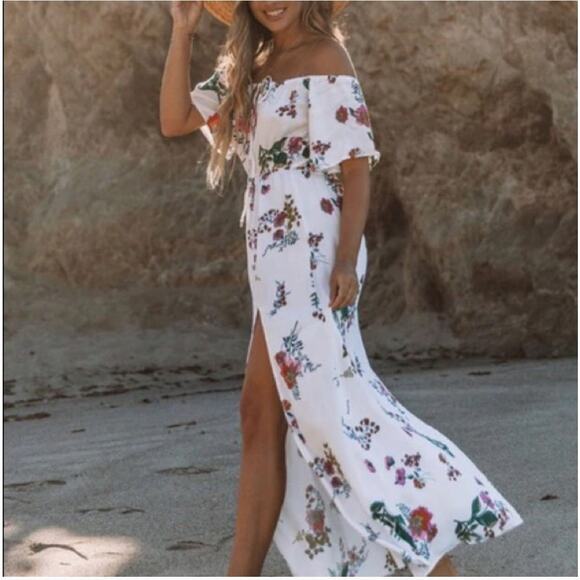 LOVESTITCH White Floral Maxi Dress Elastic Neck Waist Flowy Light Juniors Size S - Picture 8 of 15